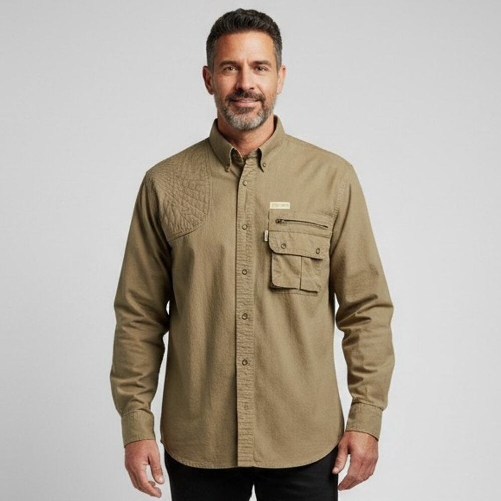 Vintage TAG Safari Travel Clothing Khaki Padded Shooting Long Sleeve Shirt SZ XL